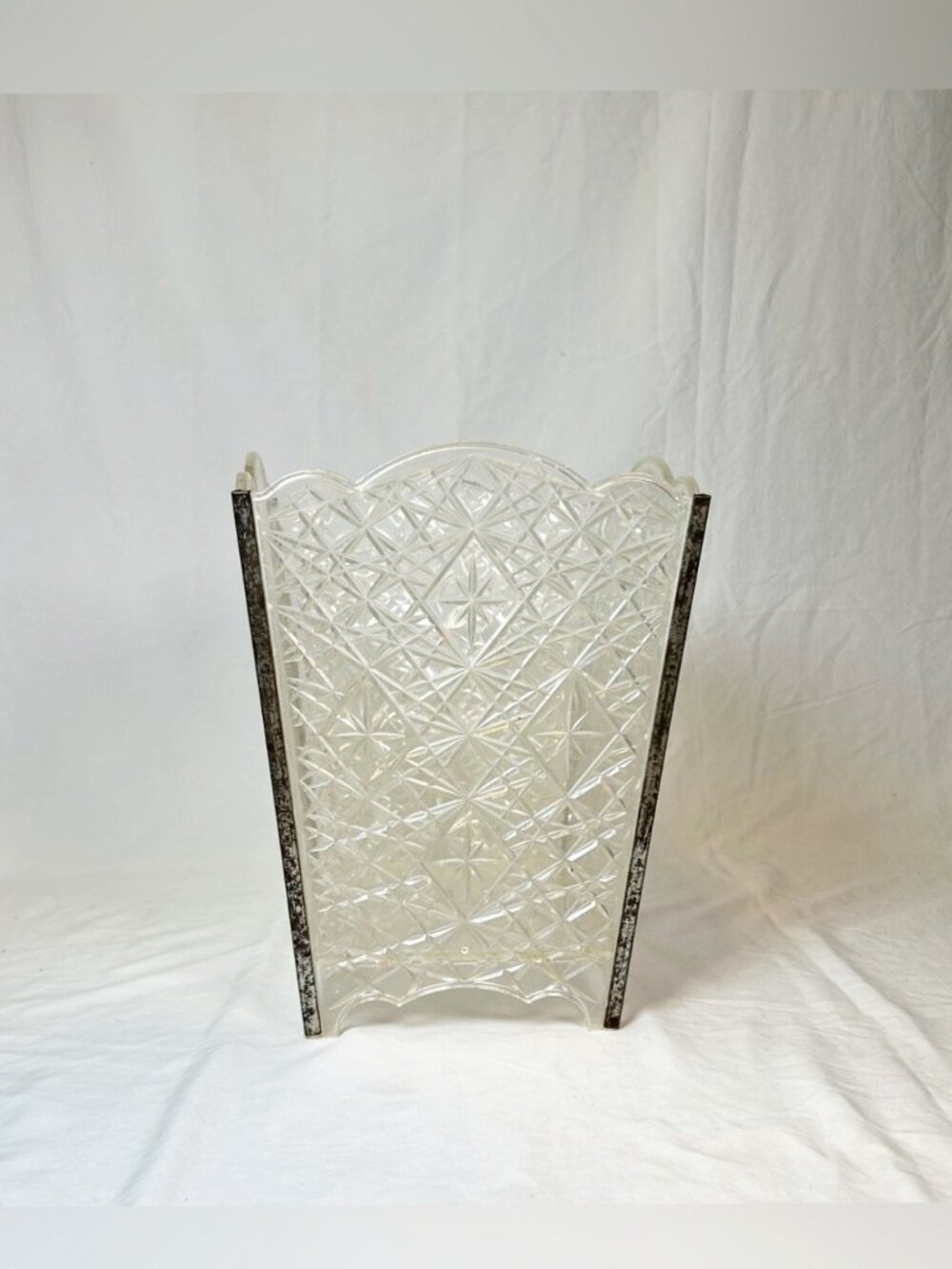 Vntg 60s Trelawney Clear Lucite Diamond Atomic Starburst Waste Basket Trash Can